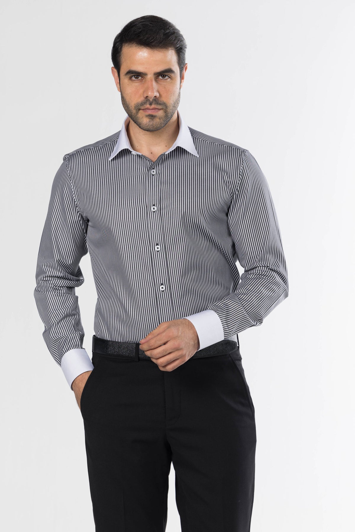 Classic White Collar Striped Shirt – Black