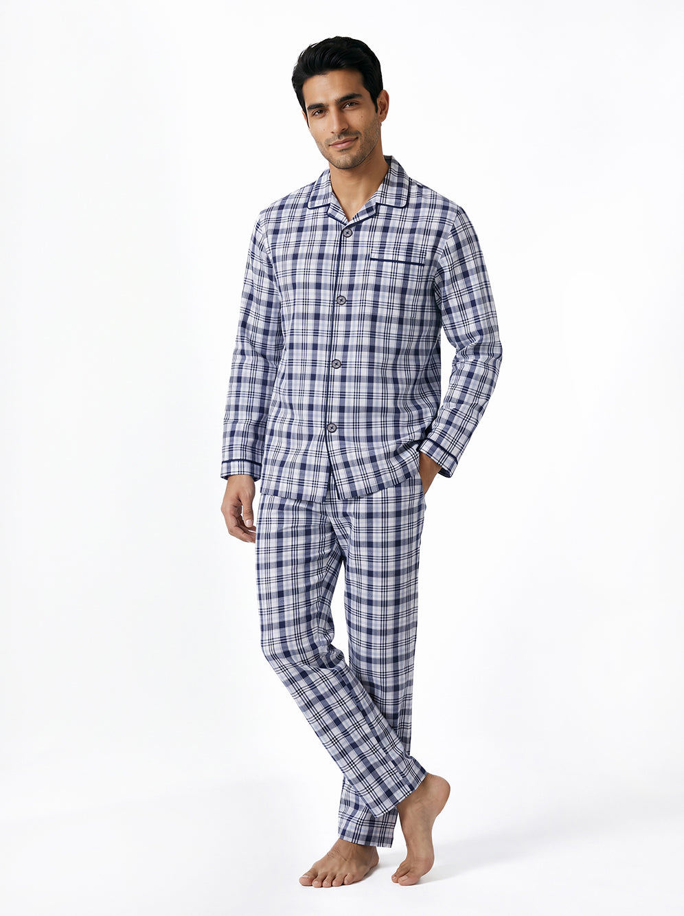Long Sleeved Checkered Pajama Set – Blue