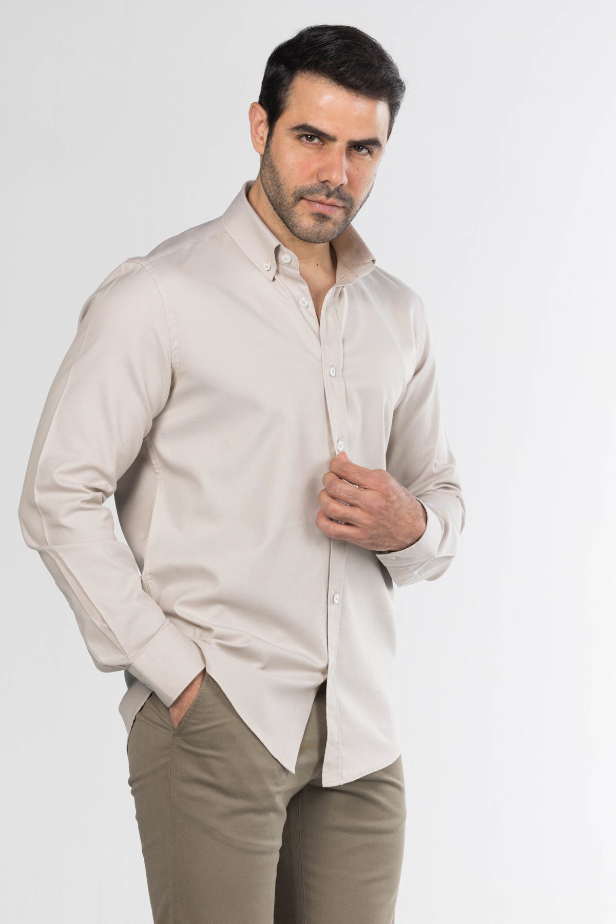 Men's Long-Sleeved Oxford Shirt – Beige