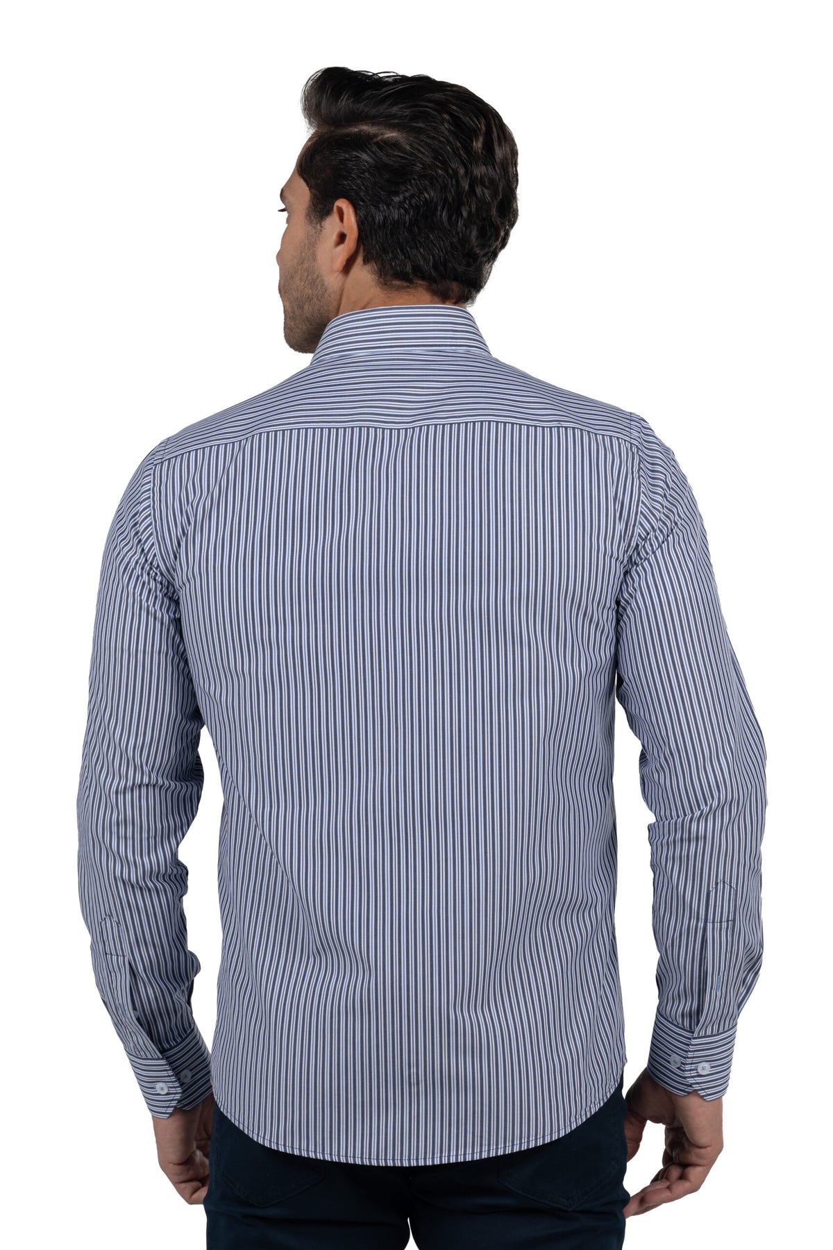 Men's Long-Sleeved Striped Poplin Shirt – Navy