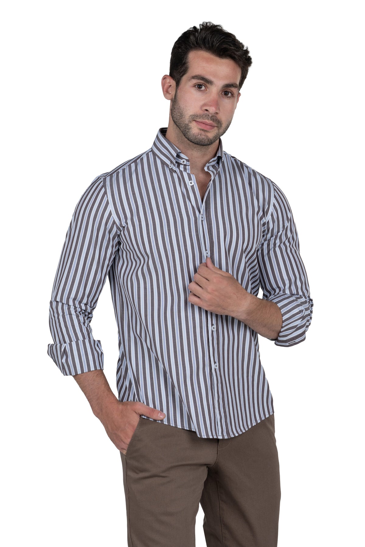 Men's Long-Sleeved Striped Poplin Shirt – Brown