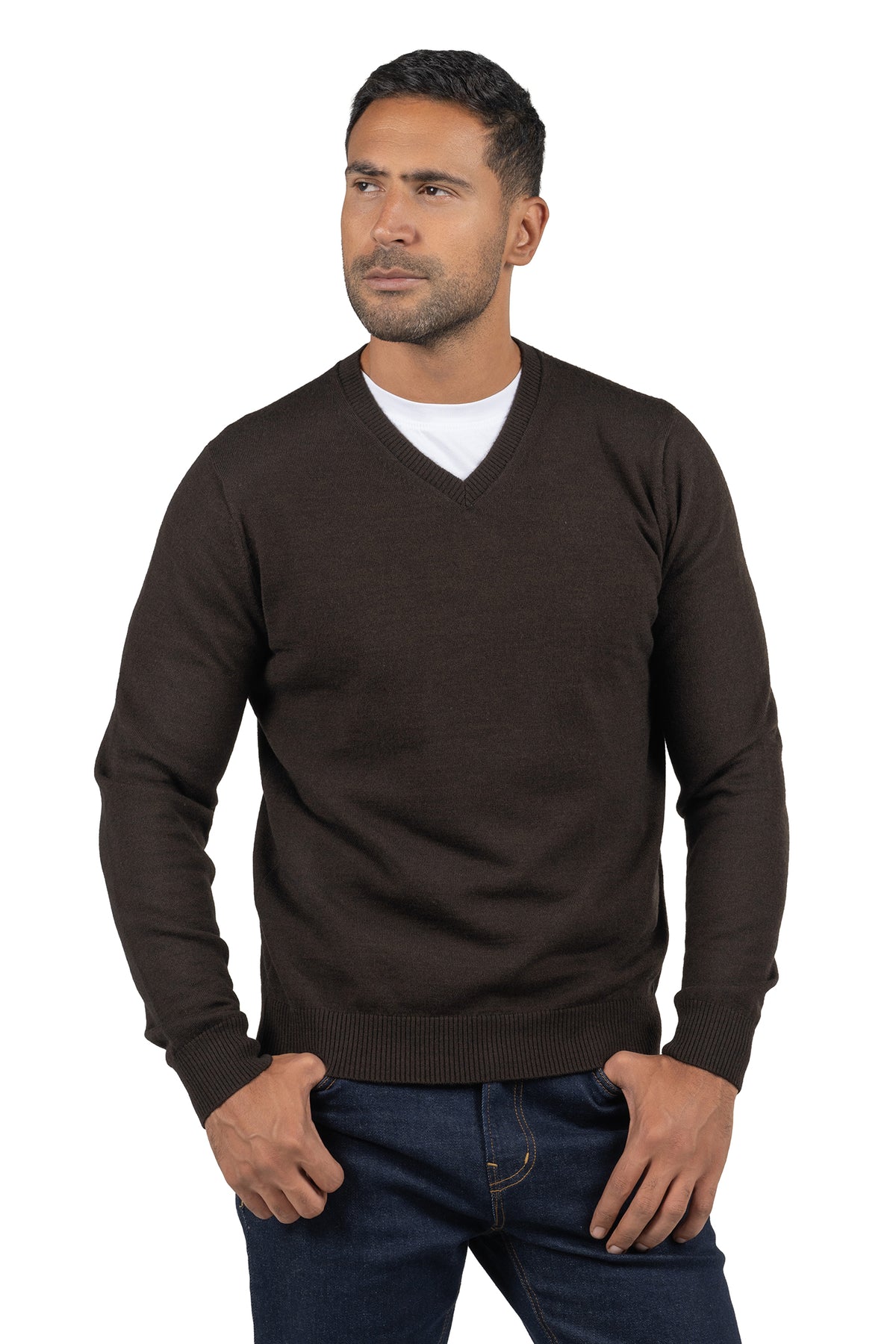 Men's Solid Knit Wool Pullover – Brown
