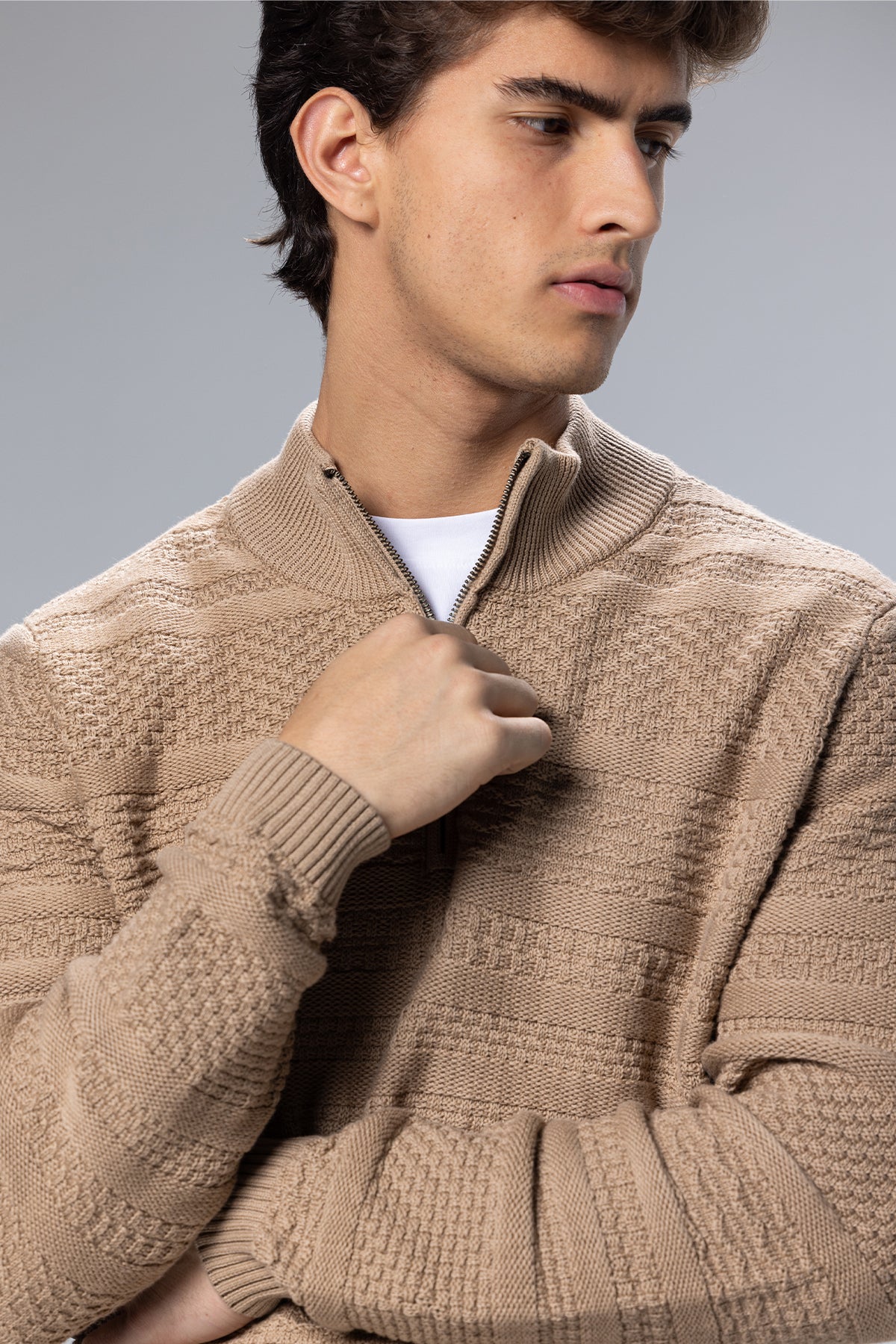 Patterned Cotton Half-Zip Pullover – Beige – Beige – image 5