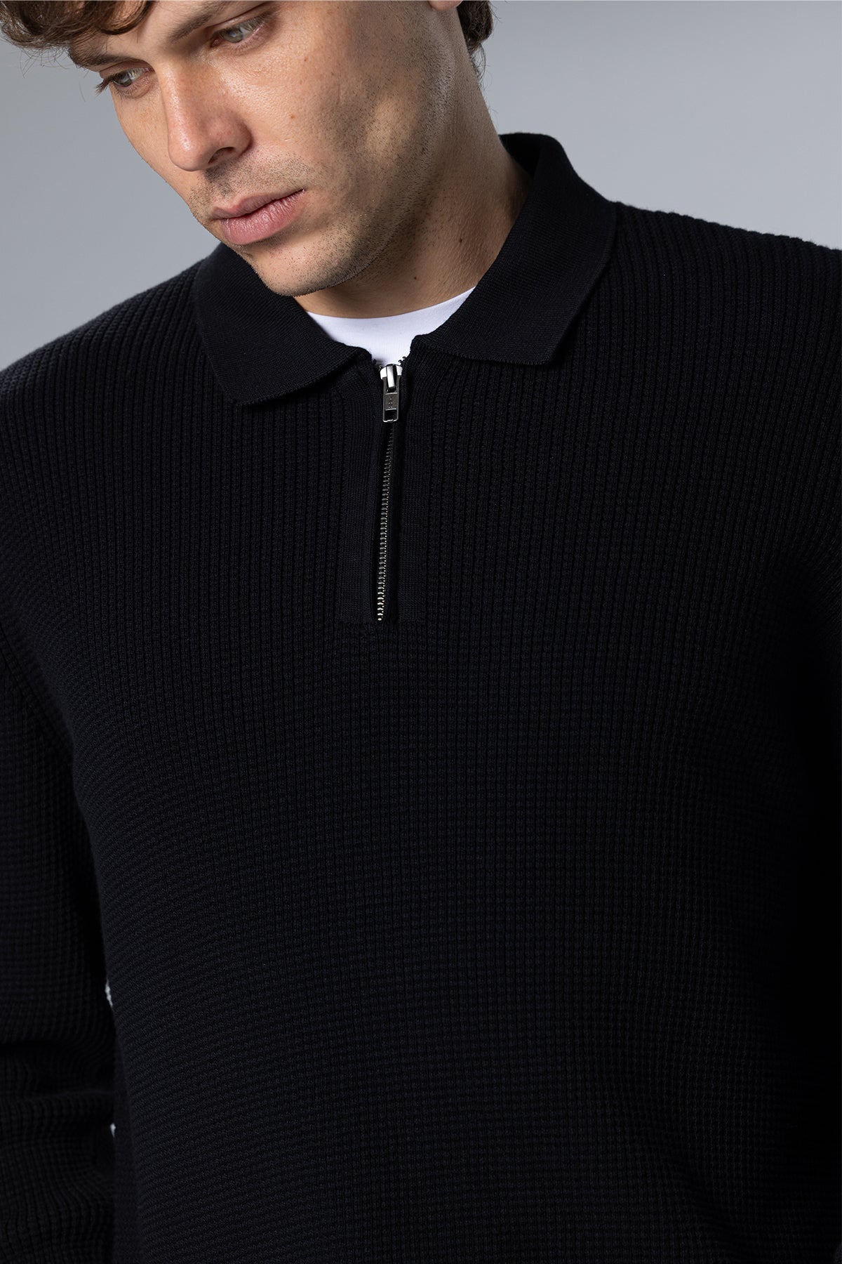 Textured Half-Zip Polo Pullover – Black – Black – image 5