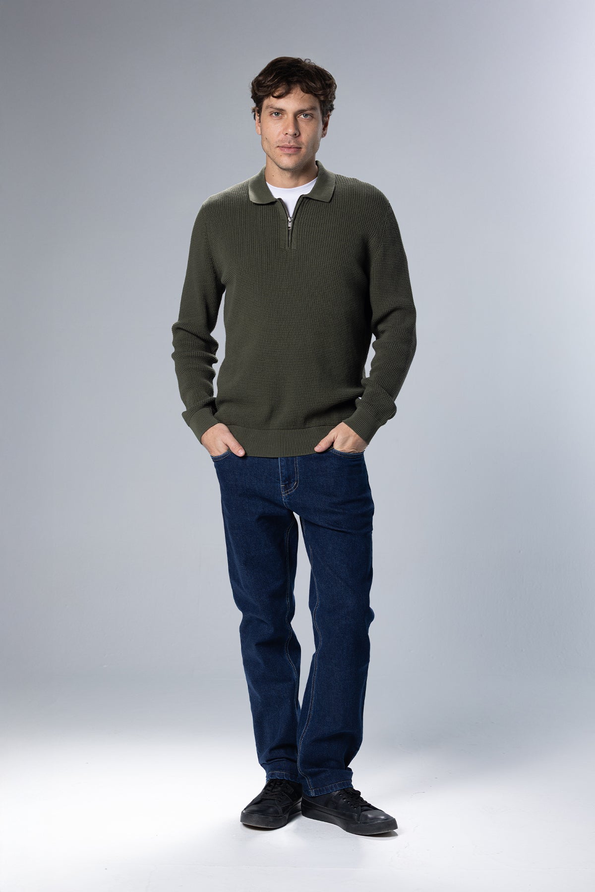 Textured Half-Zip Polo Pullover – Olive Green – Olive Green – image 1