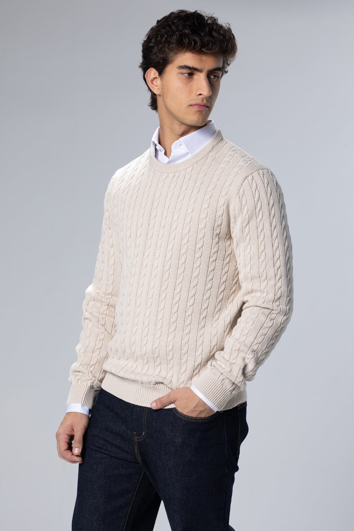 Cable-Knit Cotton Crewneck Pullover – Beige – Beige – image 4