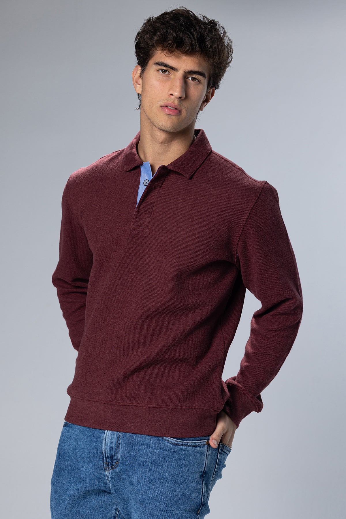 Long Sleeved Placket Cotton Polo – Light Burgundy – Light Burgundy – image 5