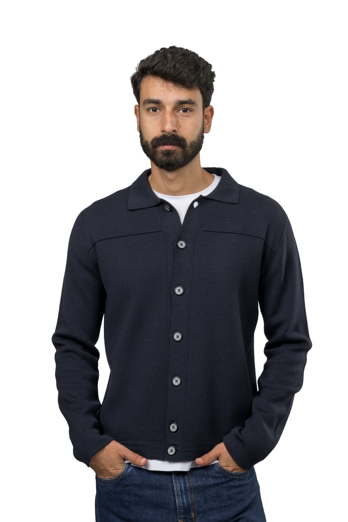 Buttoned Wool Sweater – Navy