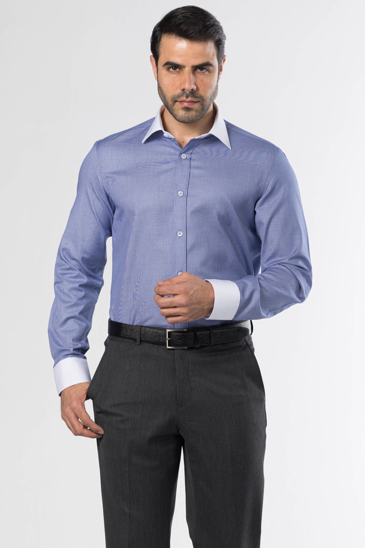 Classic Micro-Dot White Collar Shirt – Blue