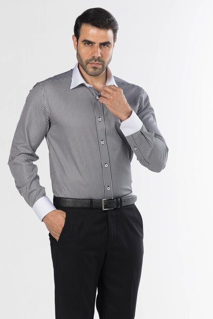 Classic White Collar Striped Shirt – Black