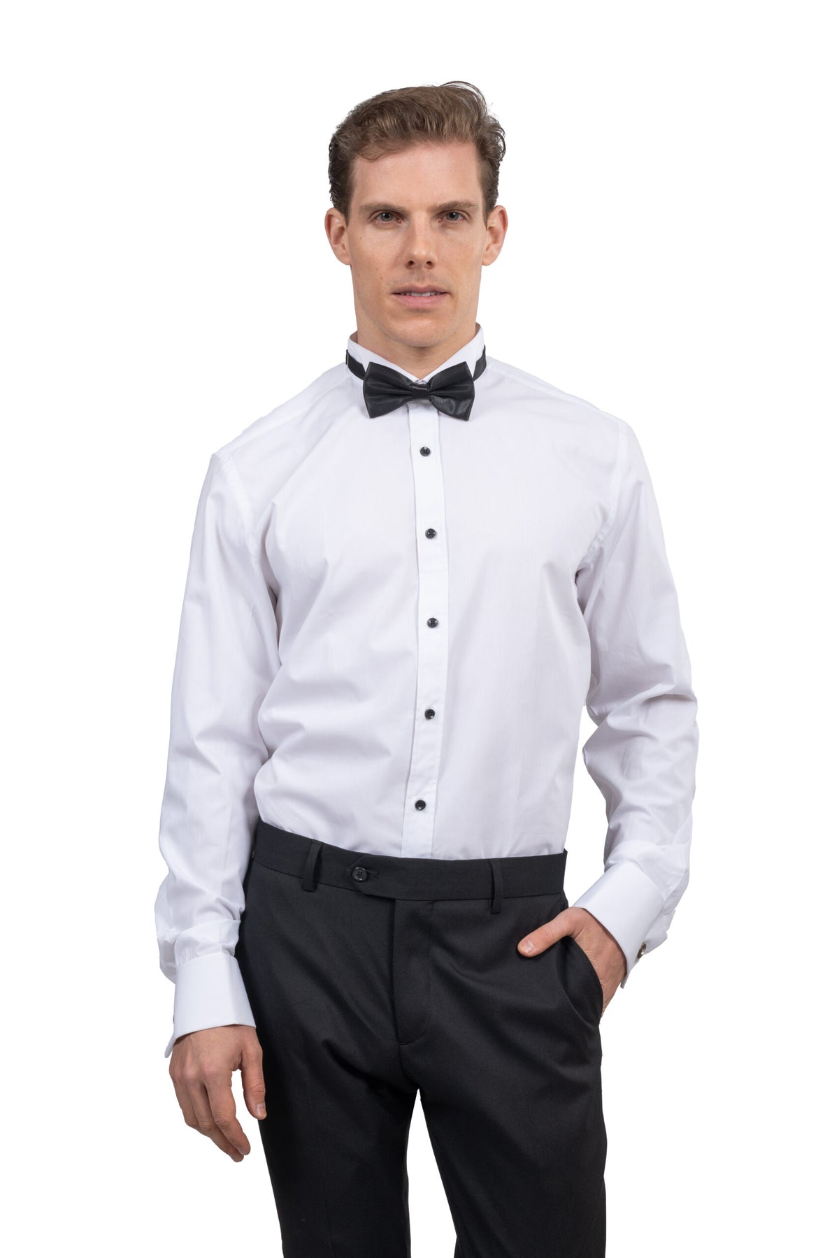 Double Cuff Ceremonial Shirt (Black Buttons) – White