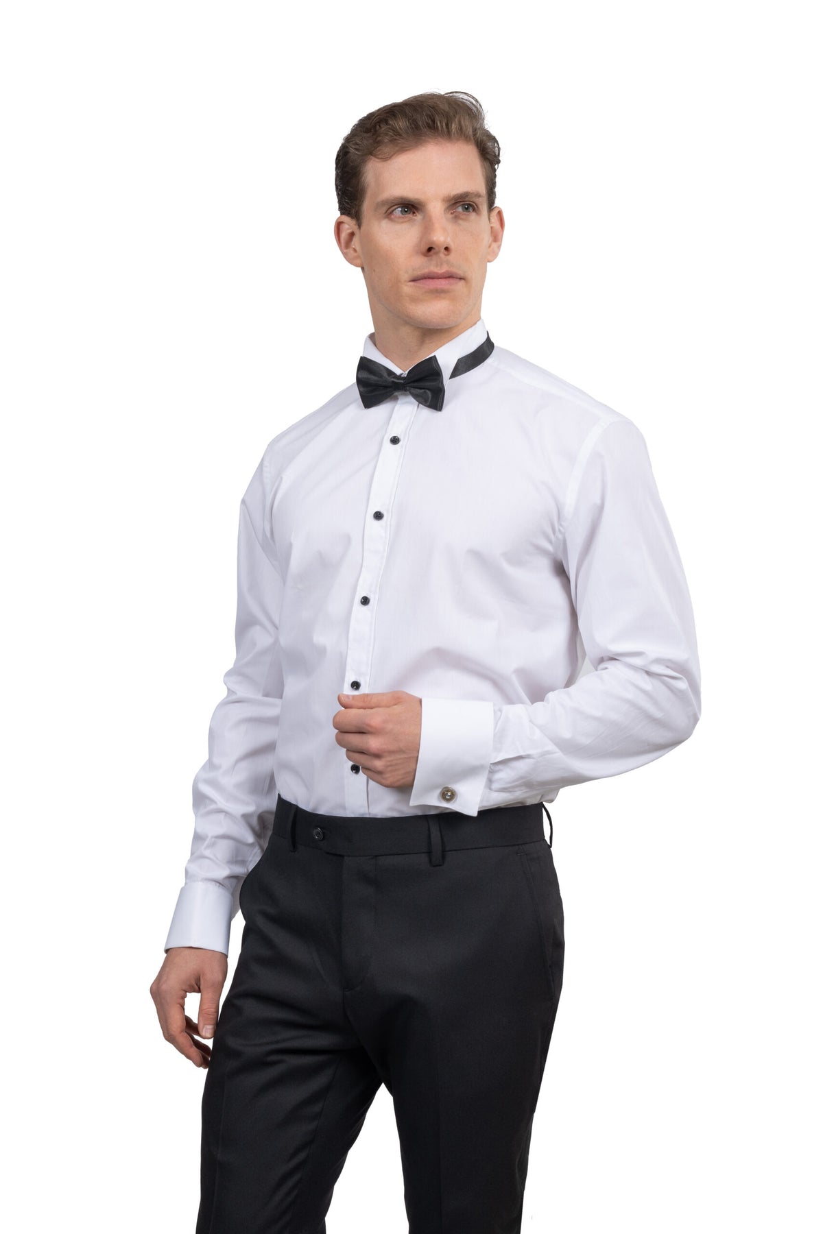 Double Cuff Ceremonial Shirt (Black Buttons) – White