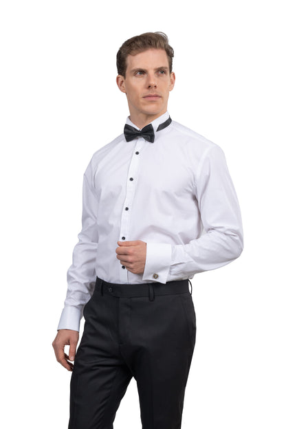 Double Cuff Ceremonial Shirt (Black Buttons) – White