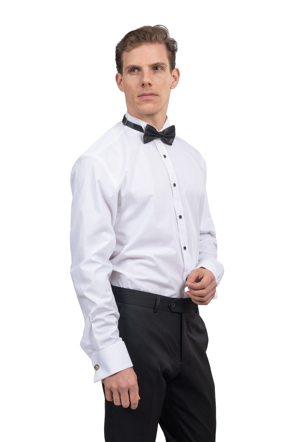 Double Cuff Ceremonial Shirt (Black Buttons) – White