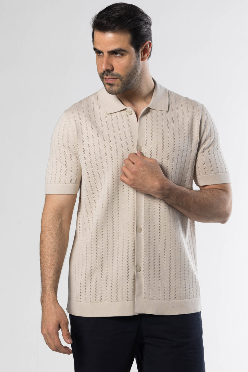 Full Button Knit Polo – Beige