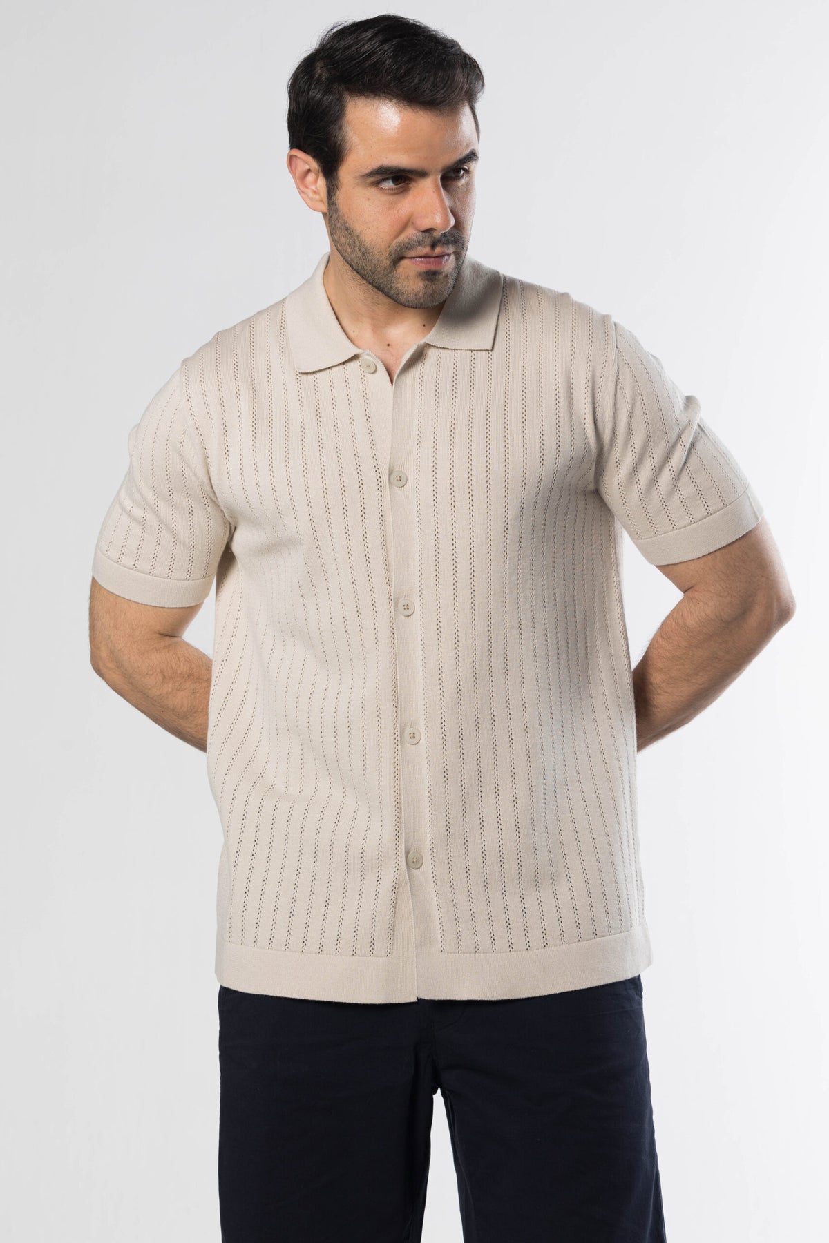 Full Button Knit Polo – Beige