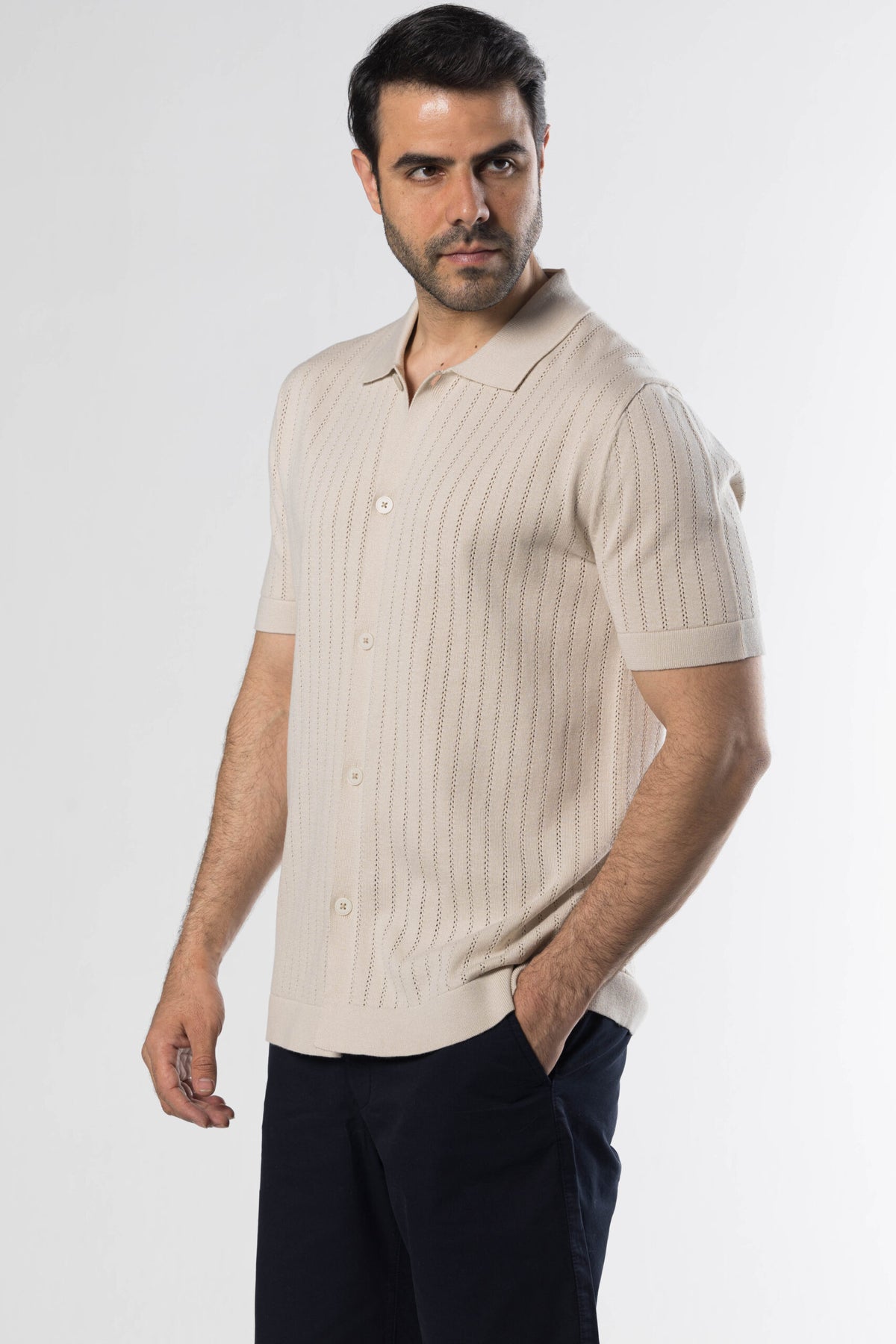 Full Button Knit Polo – Beige