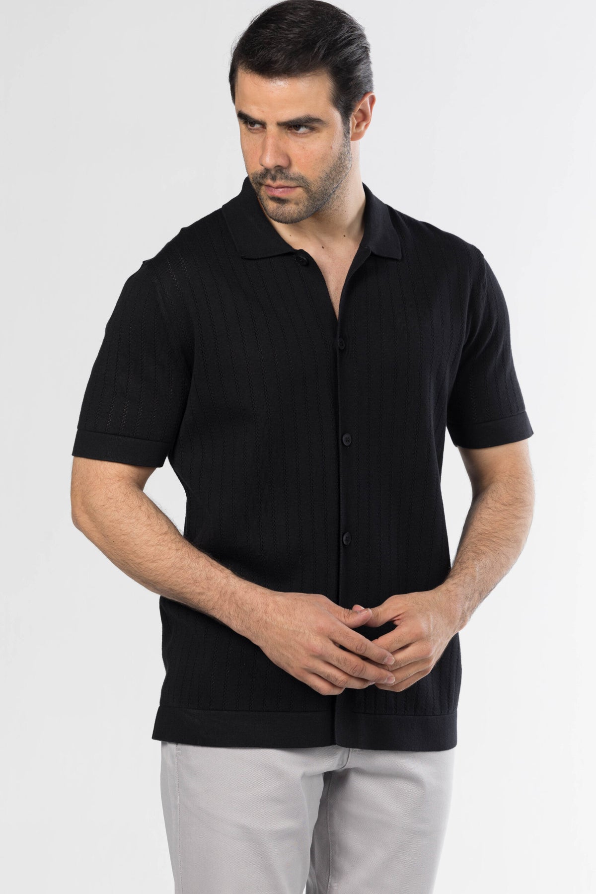 Full Button Knit Polo – Black