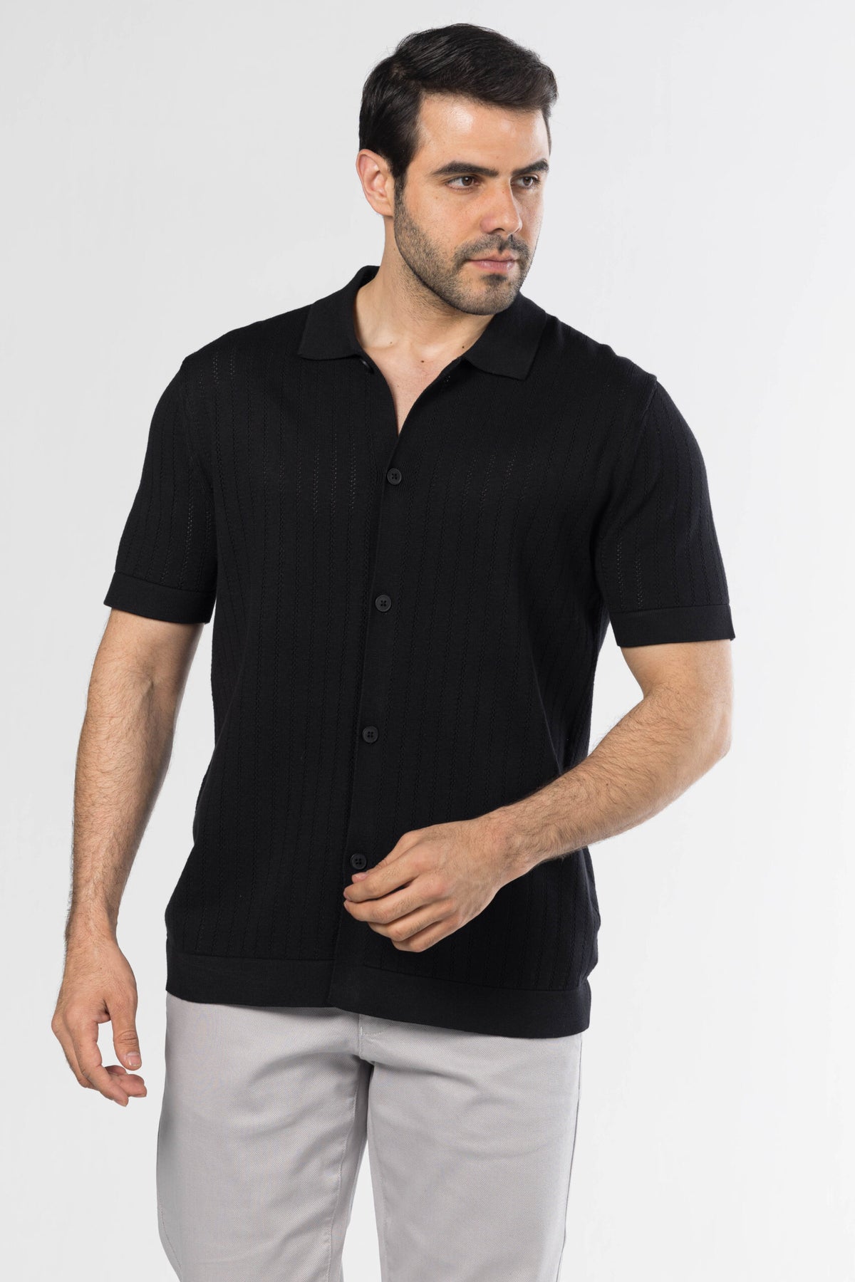 Full Button Knit Polo – Black