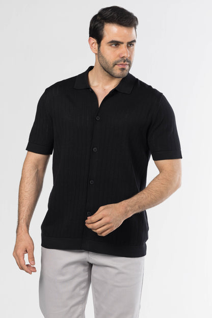 Full Button Knit Polo – Black
