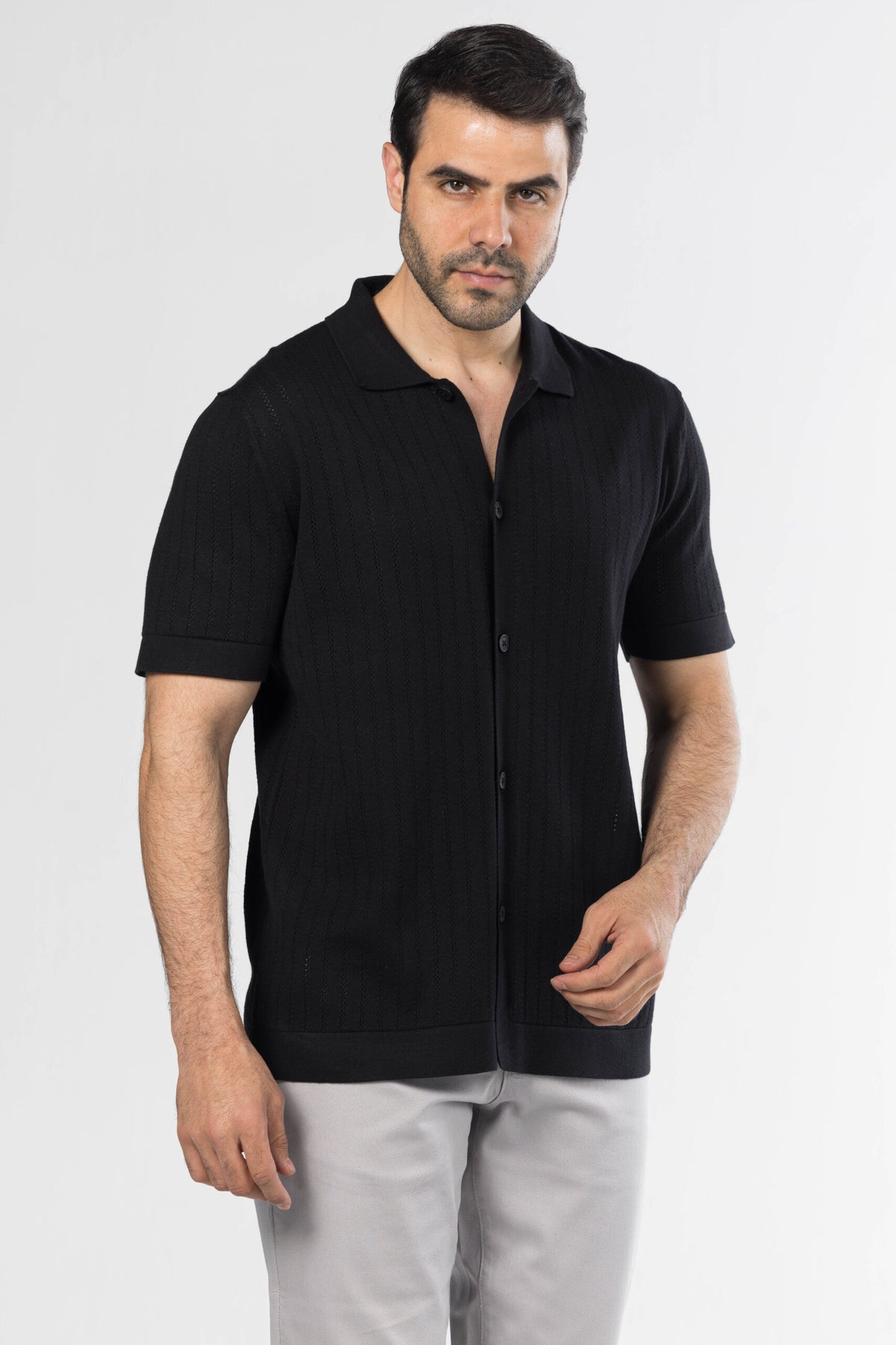 Full Button Knit Polo – Black