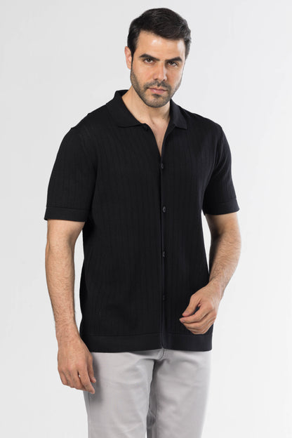 Full Button Knit Polo – Black