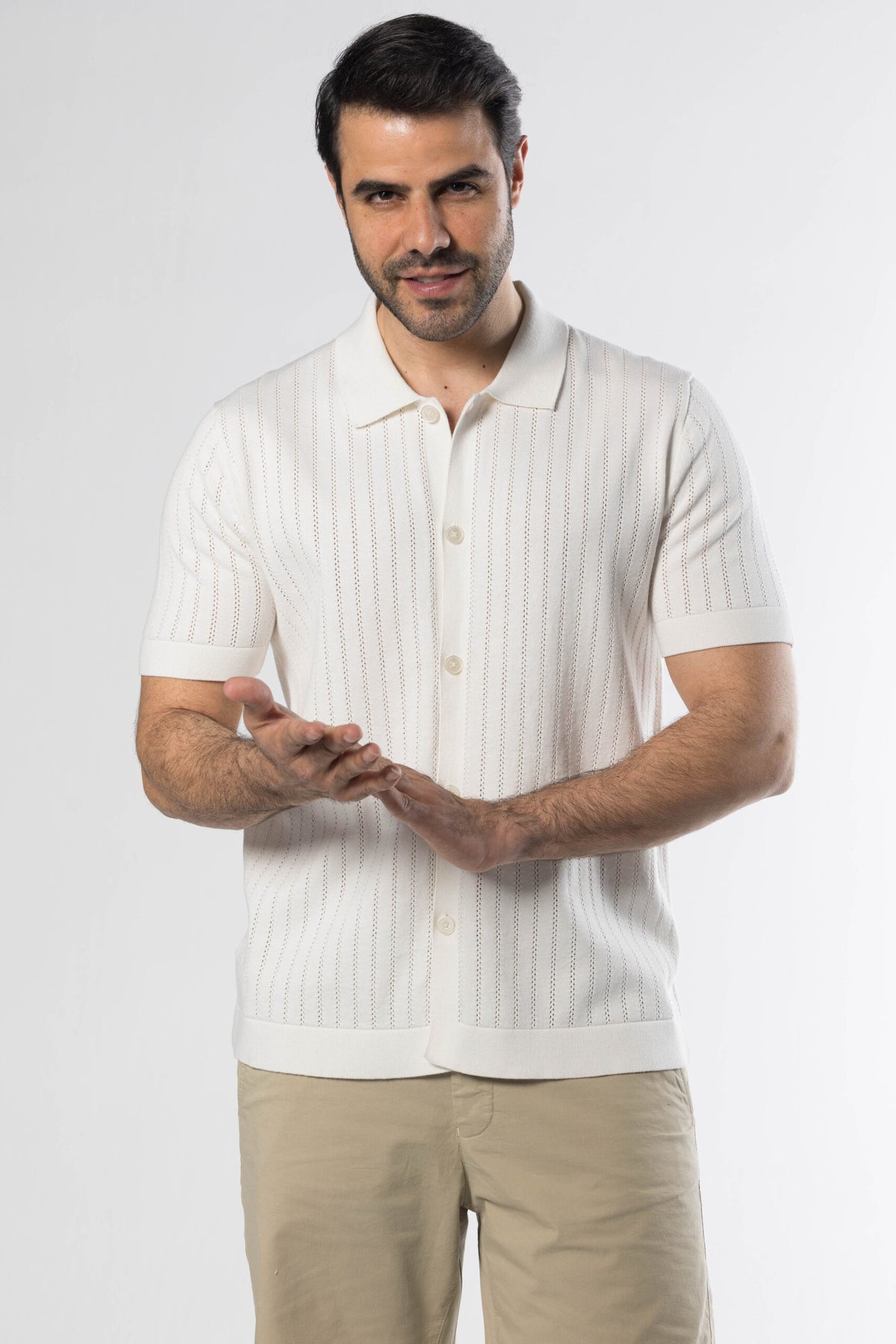 Full Button Knit Polo – Offwhite