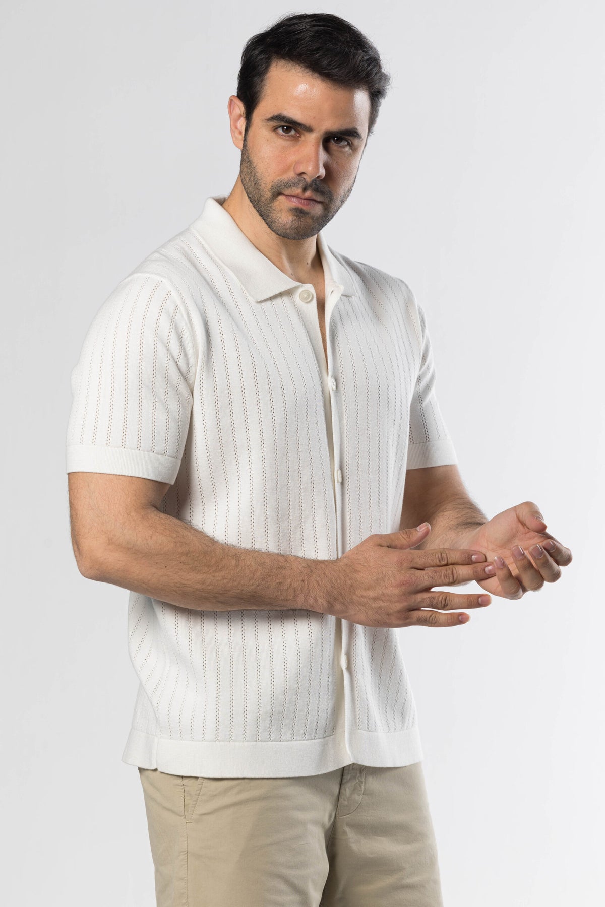 Full Button Knit Polo – Offwhite