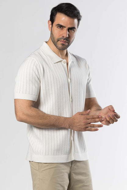 Full Button Knit Polo – Offwhite