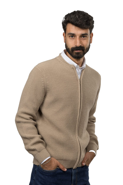 Full-Zip Wool Pullover – Beige