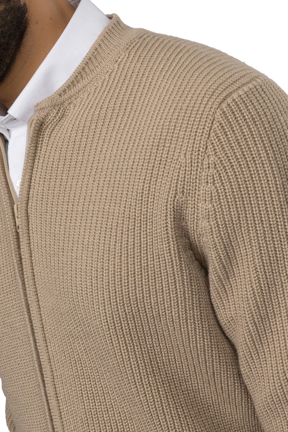 Full-Zip Wool Pullover – Beige