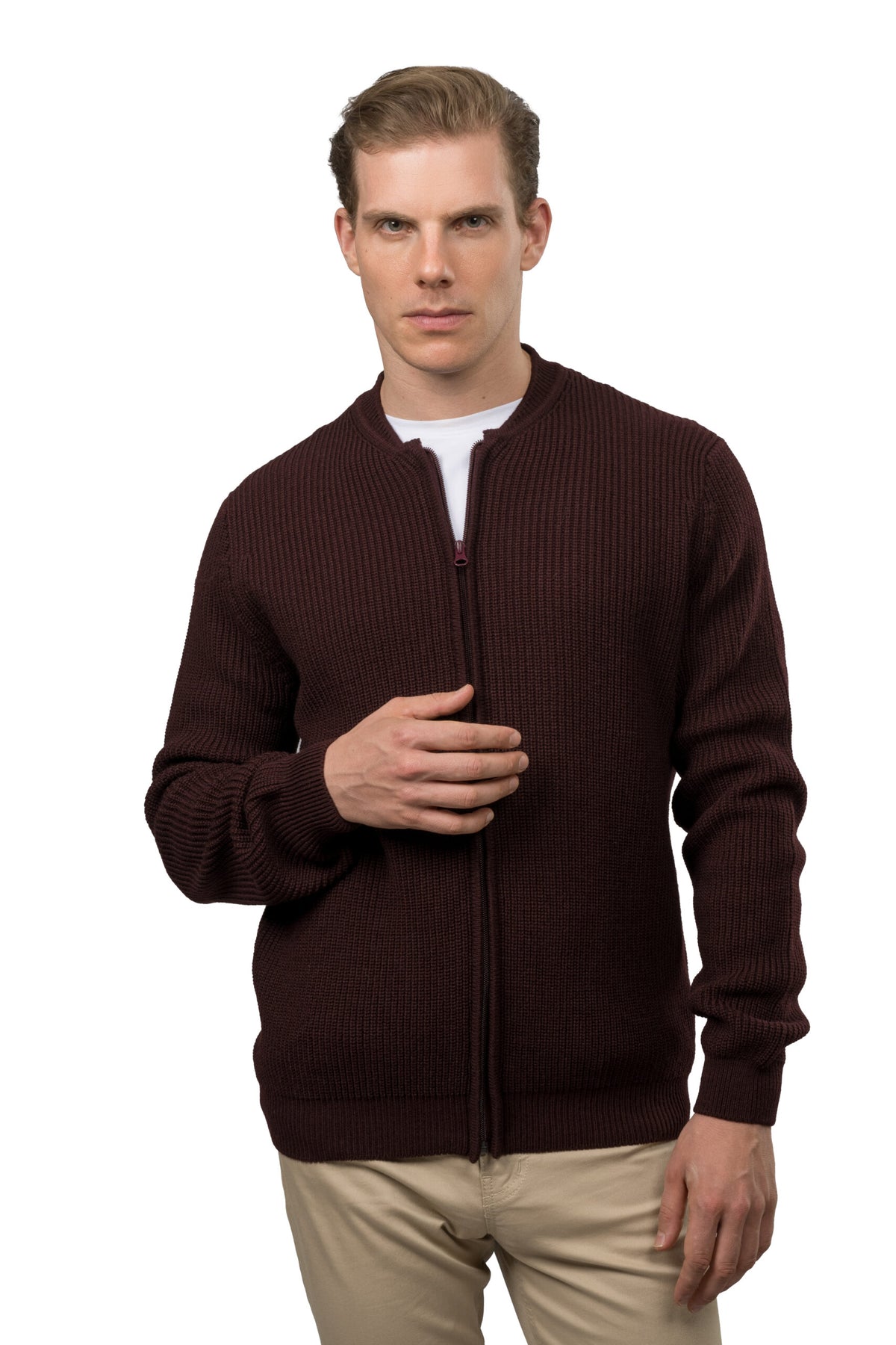 Full-Zip Wool Pullover – Burgundy