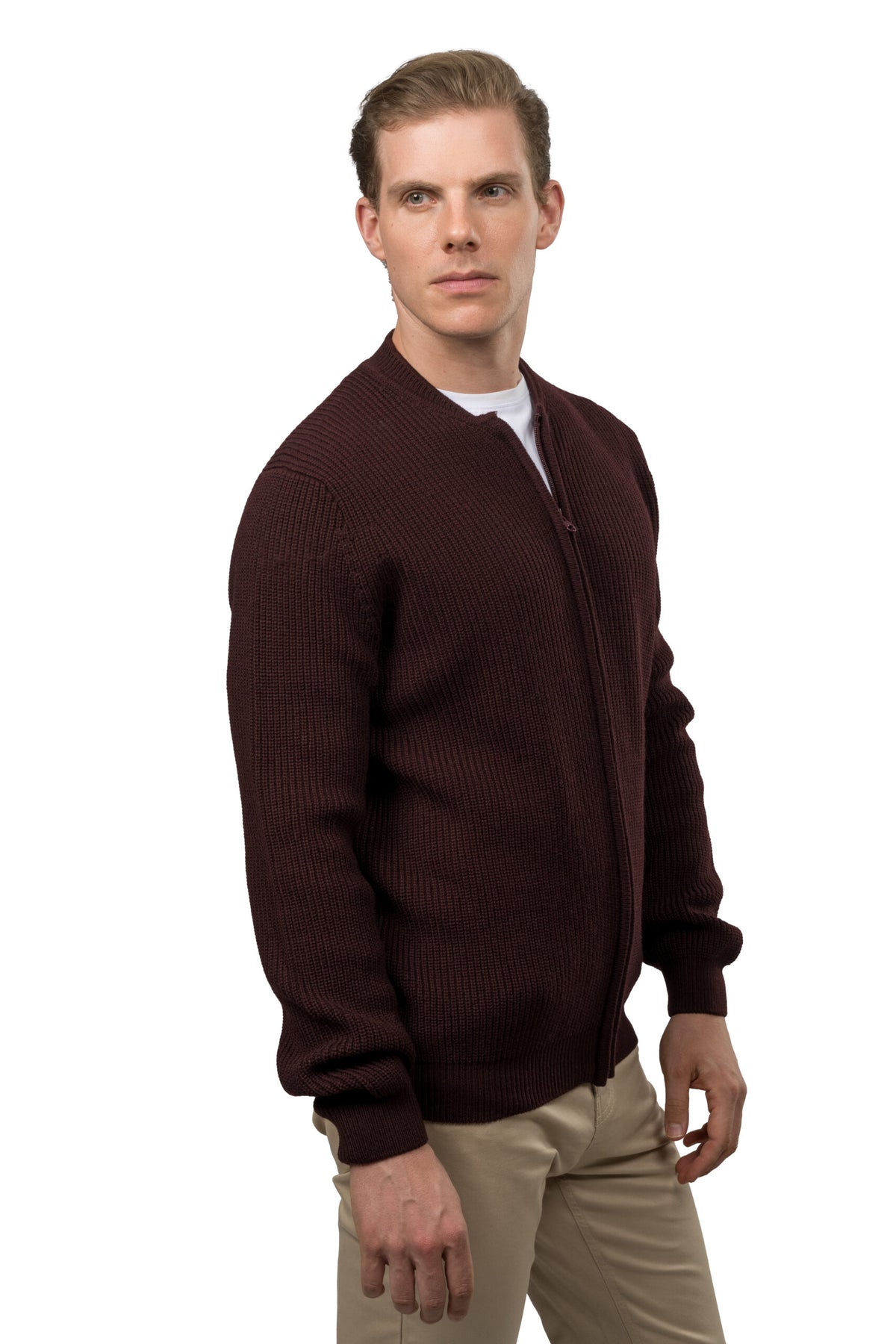 Full-Zip Wool Pullover – Burgundy