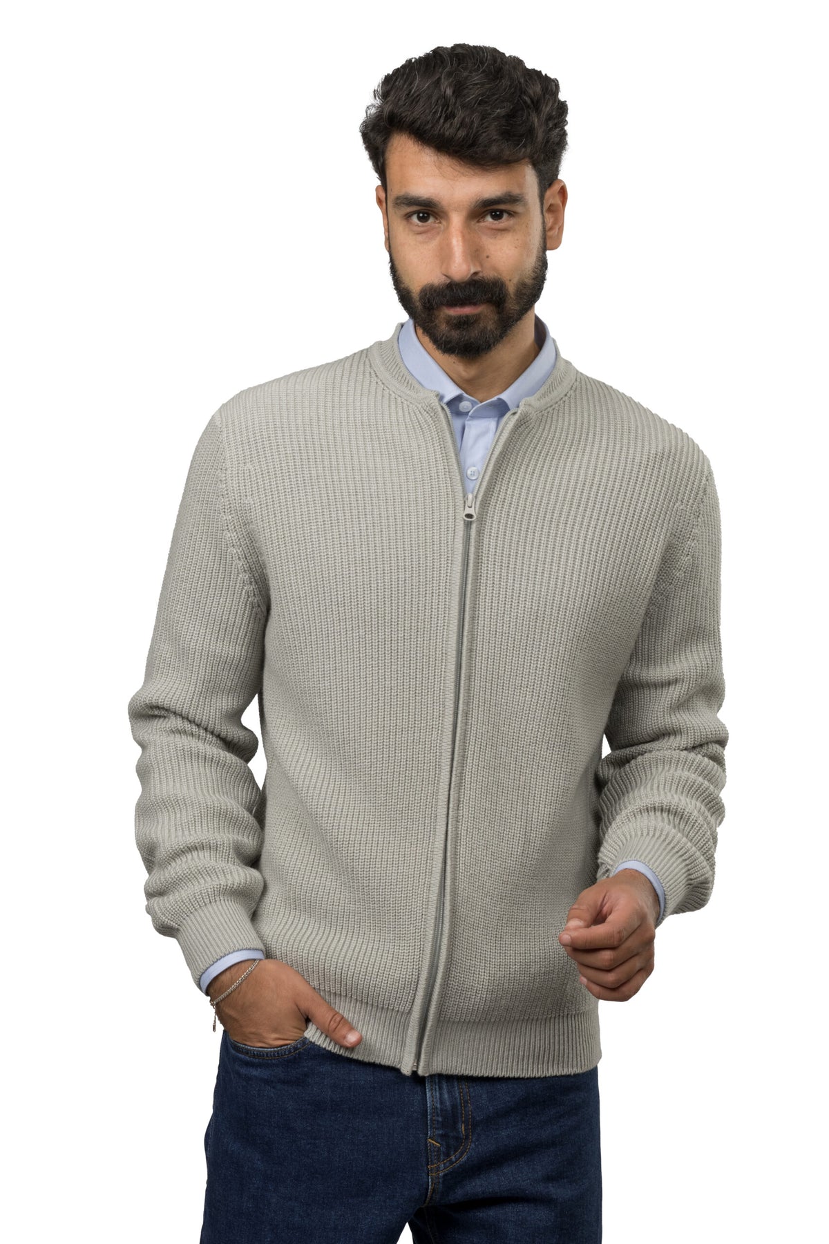 Full-Zip Wool Pullover – Grey