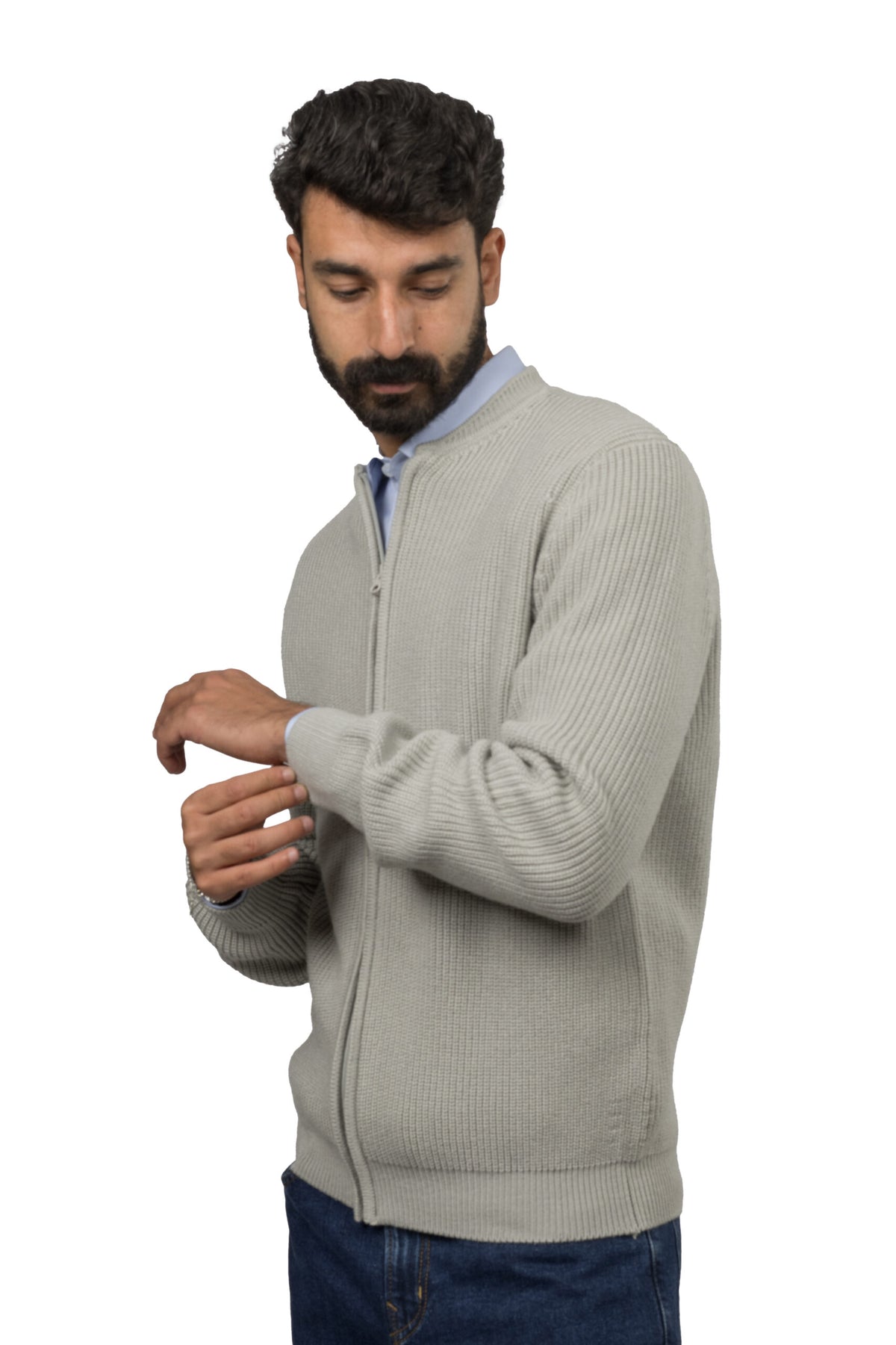 Full-Zip Wool Pullover – Grey
