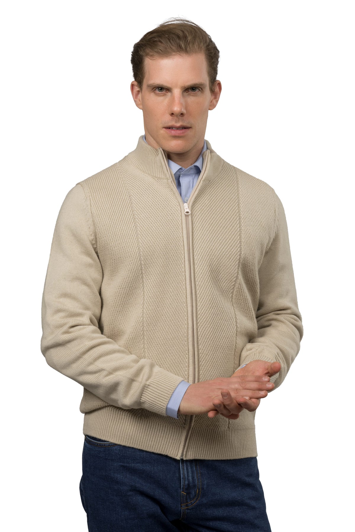 Full-Zip Wool Pullover – Beige