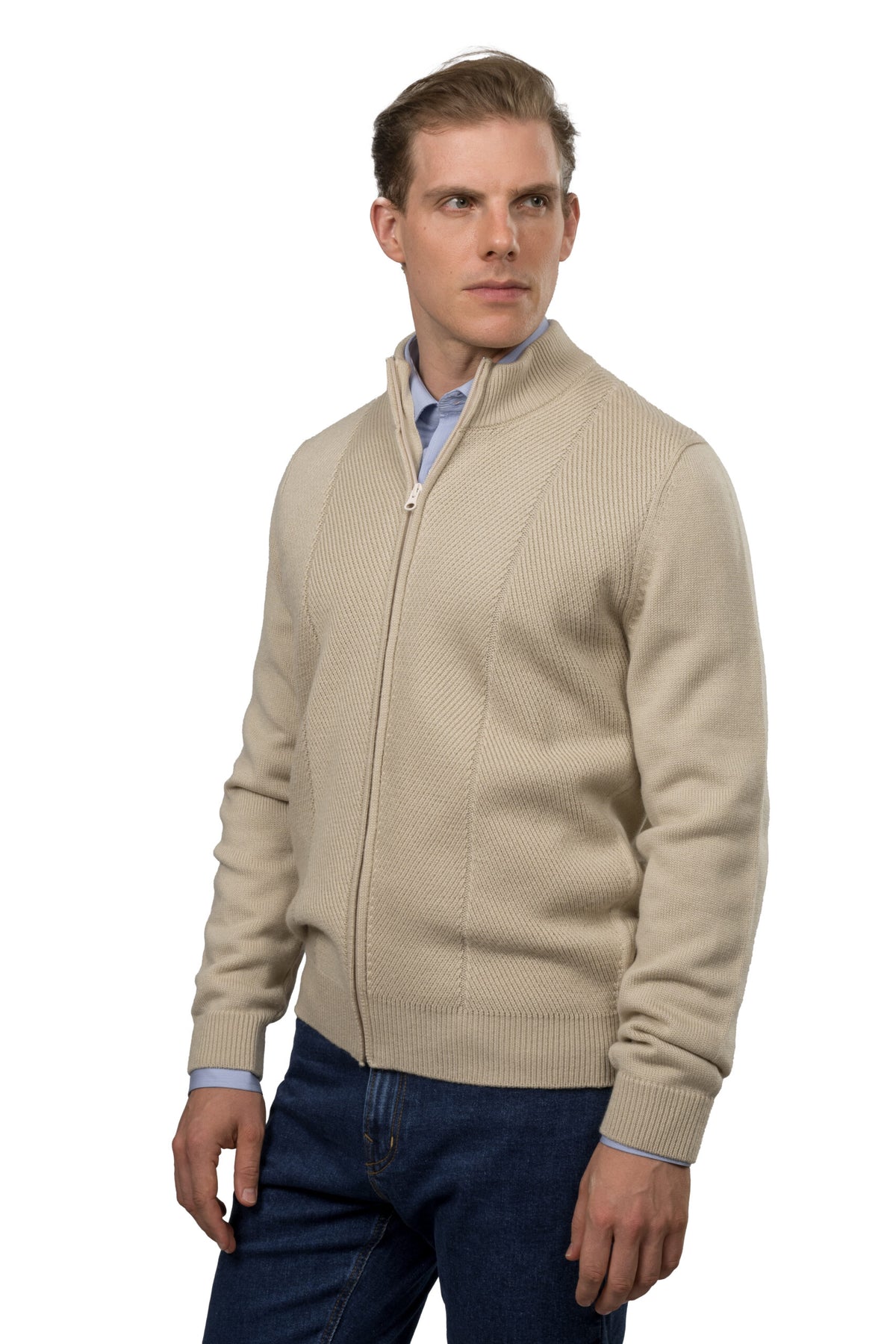 Full-Zip Wool Pullover – Beige