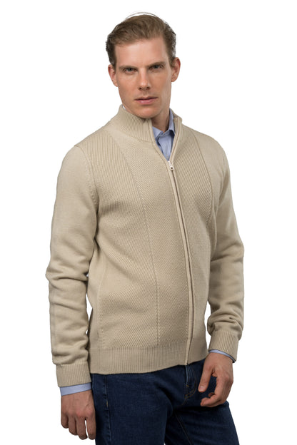 Full-Zip Wool Pullover – Beige