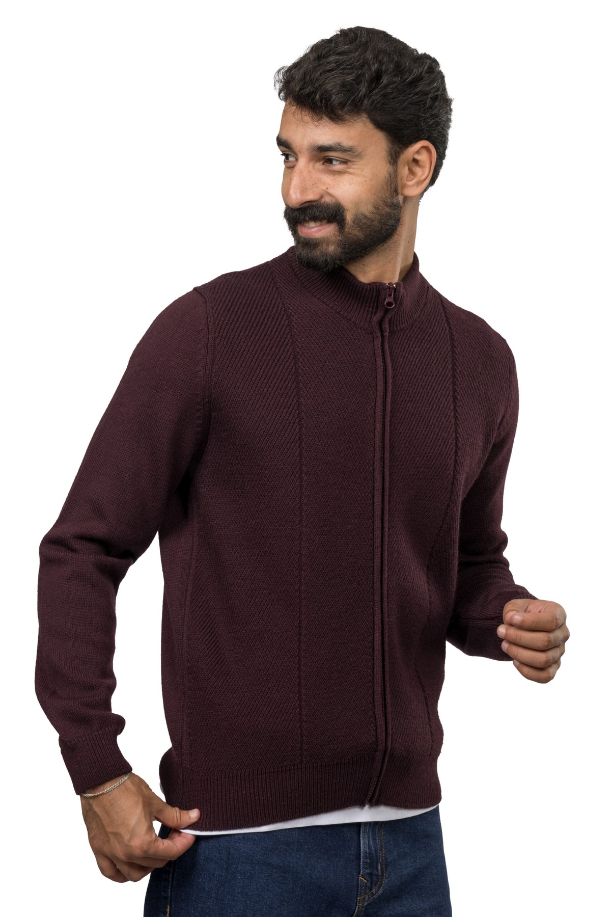 Full-Zip Wool Pullover – Burgundy