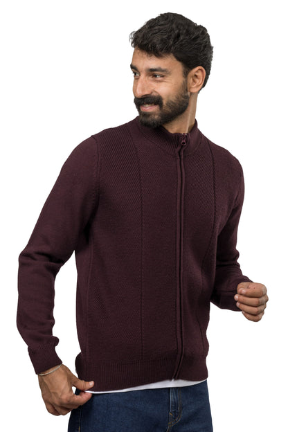 Full-Zip Wool Pullover – Burgundy