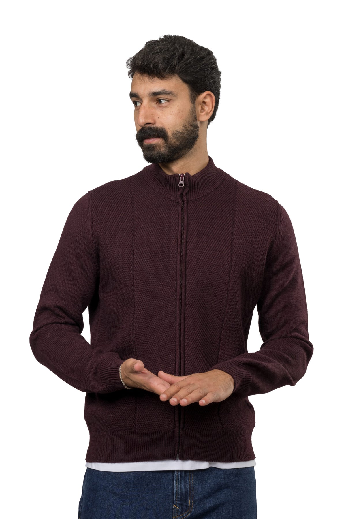 Full-Zip Wool Pullover – Burgundy