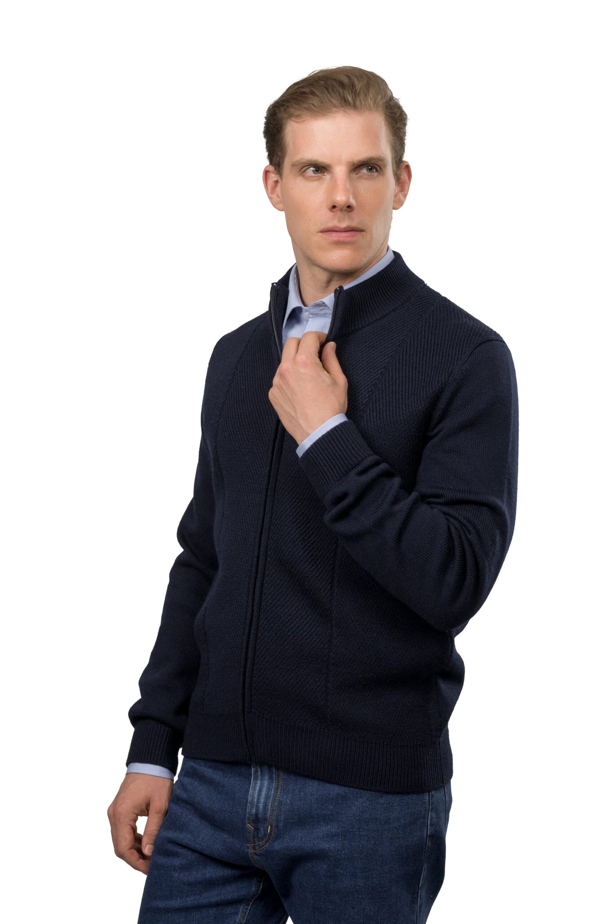 Full-Zip Wool Pullover – Navy