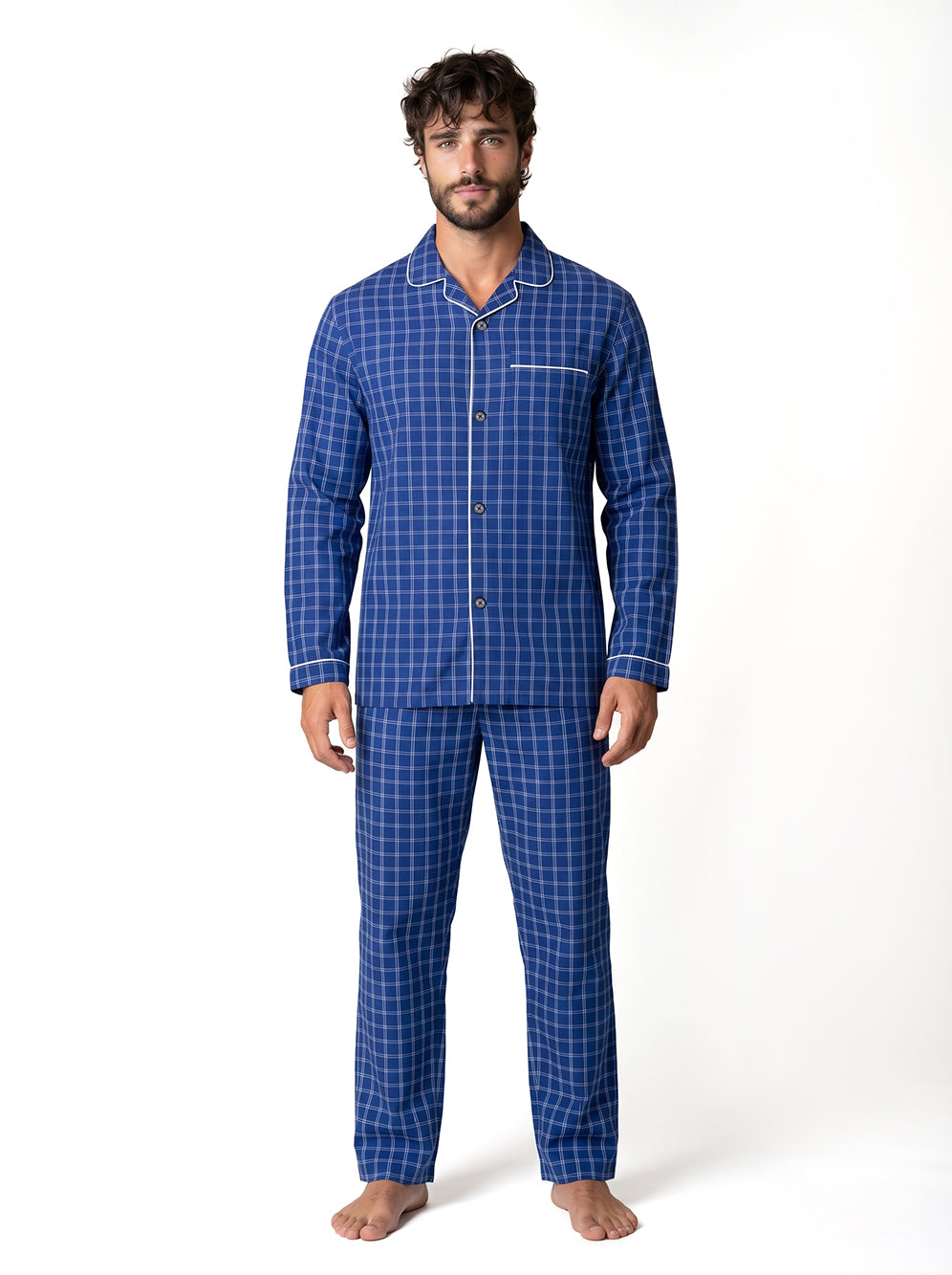 Long Sleeved Checkered Pajama Set – Blue