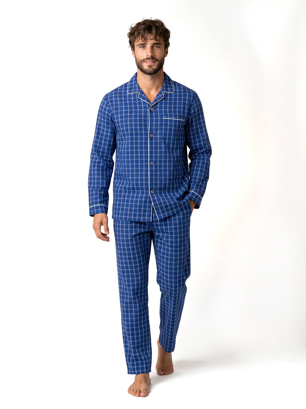 Long Sleeved Checkered Pajama Set – Blue