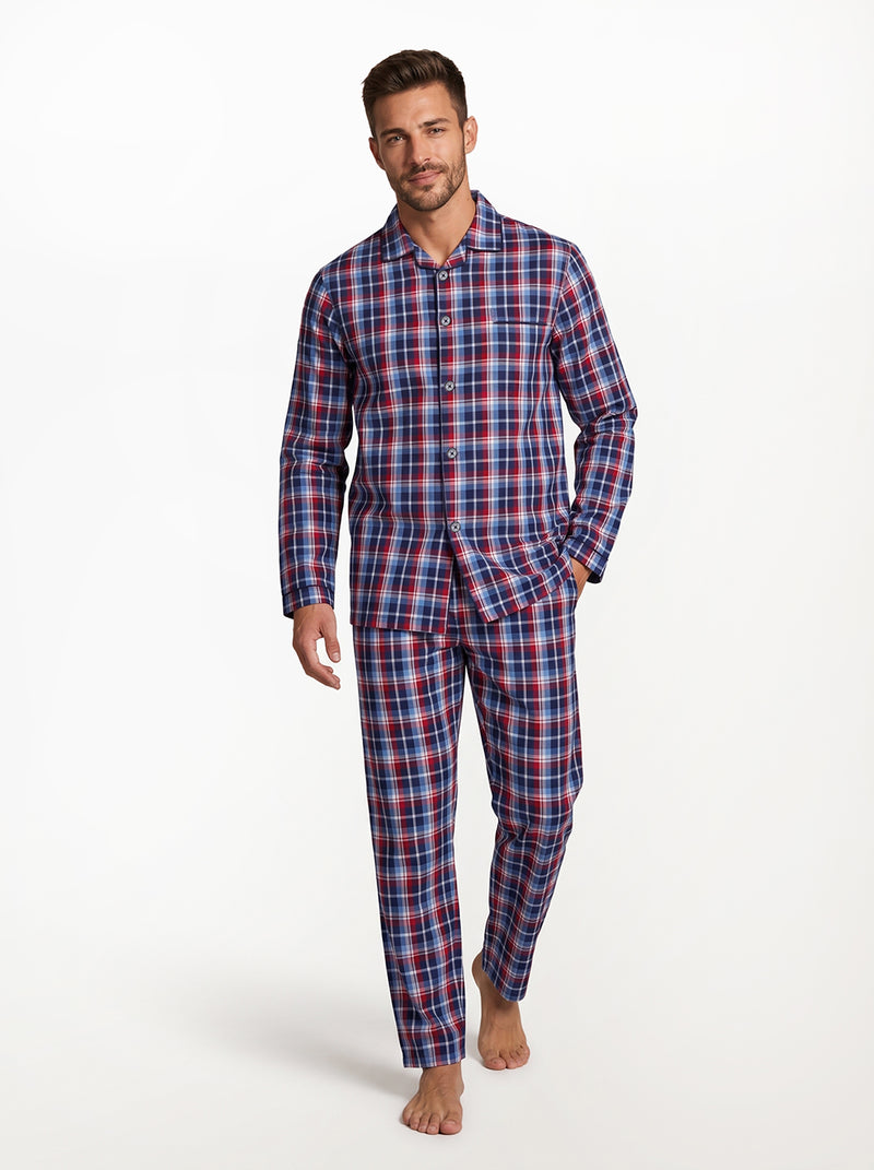 Long Sleeved Checkered Pajama Set – Red/Blue