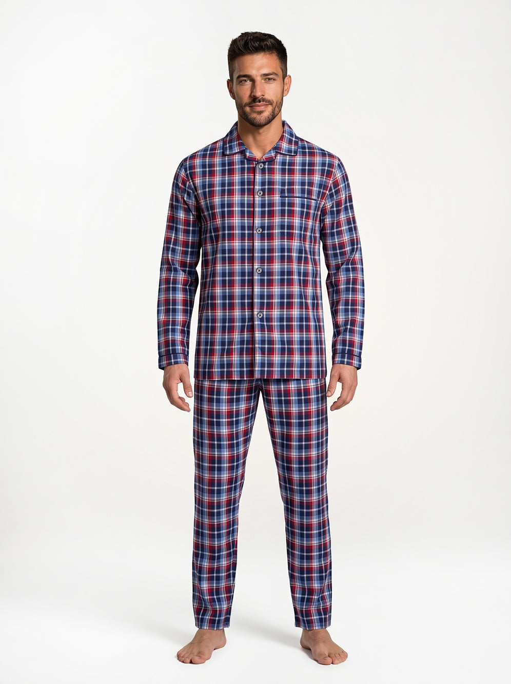 Long Sleeved Checkered Pajama Set – Red/Blue