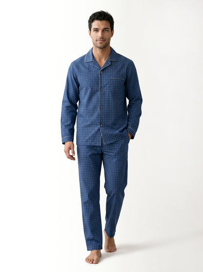 Long Sleeved Checkered Pajama Set – Navy