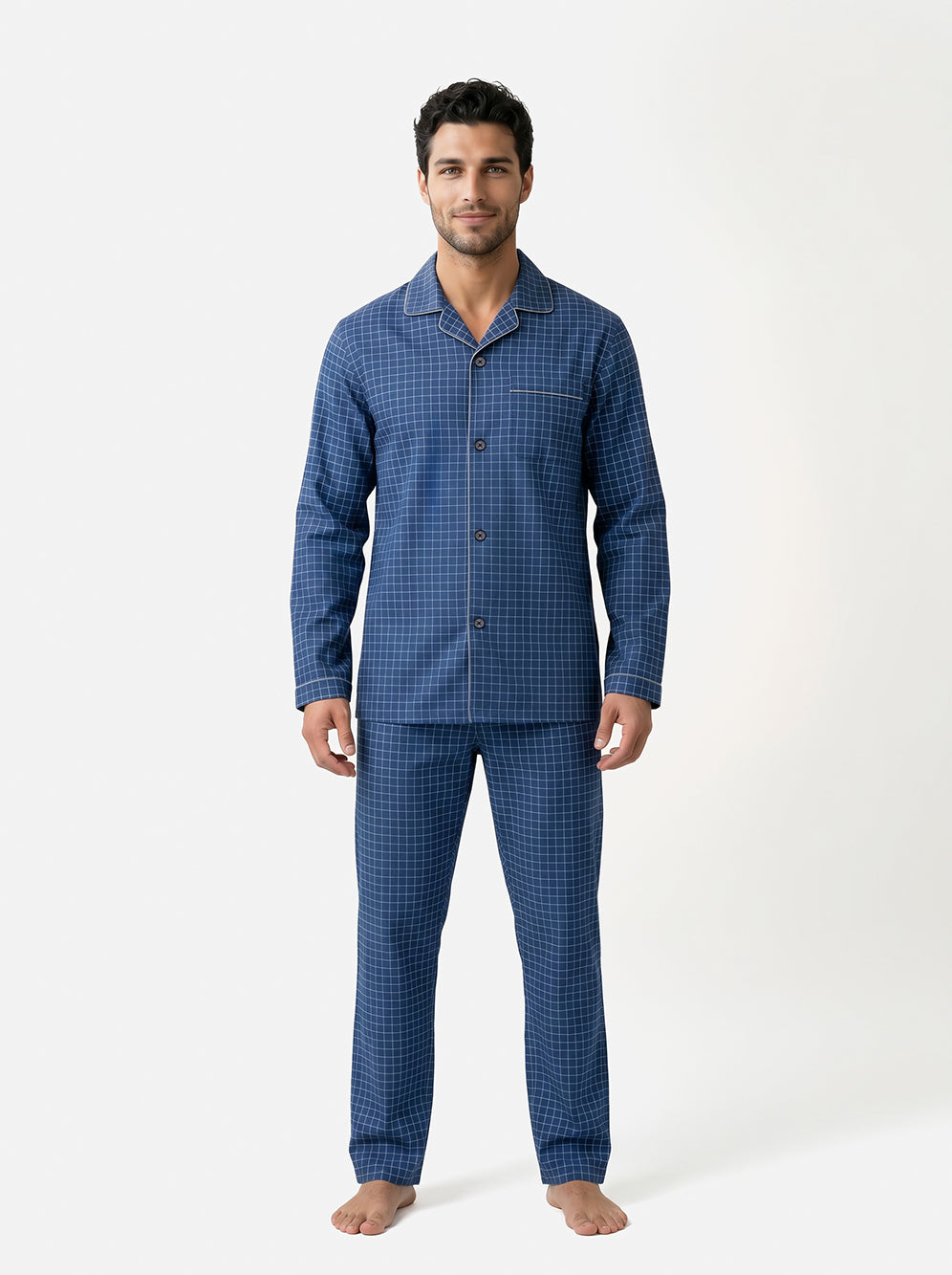 Long Sleeved Checkered Pajama Set – Navy
