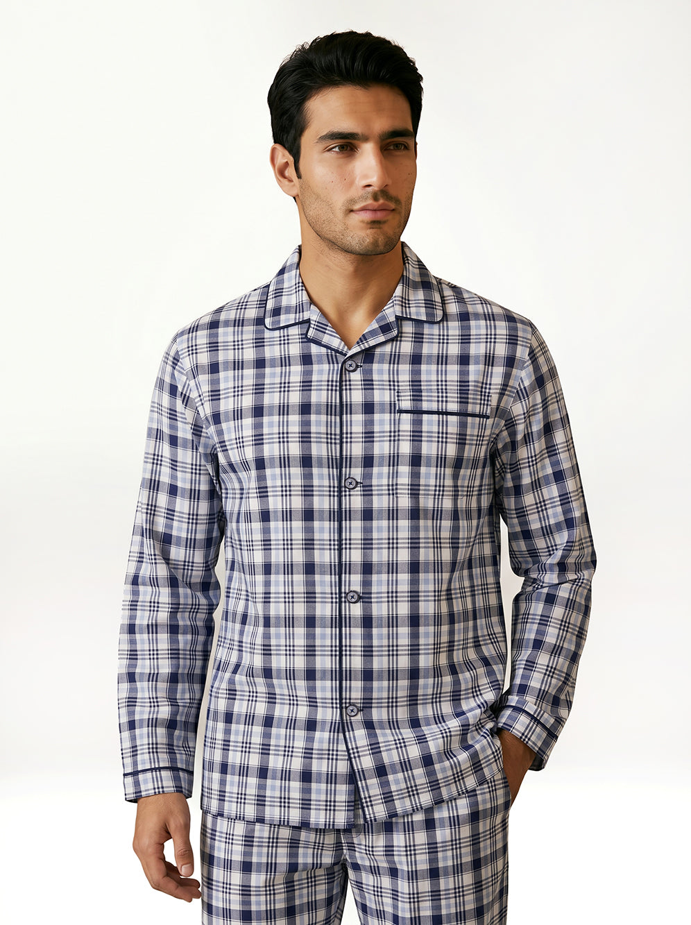 Long Sleeved Checkered Pajama Set – Blue