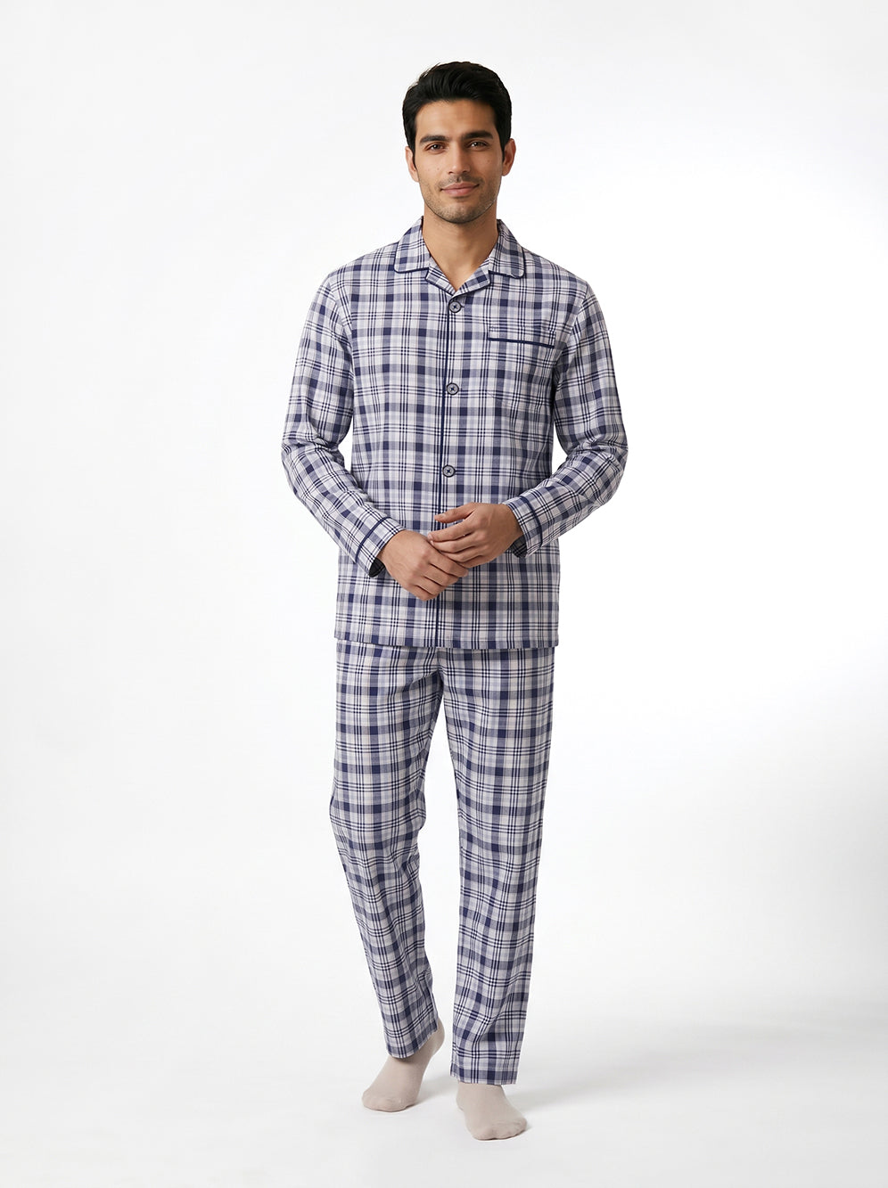 Long Sleeved Checkered Pajama Set – Blue